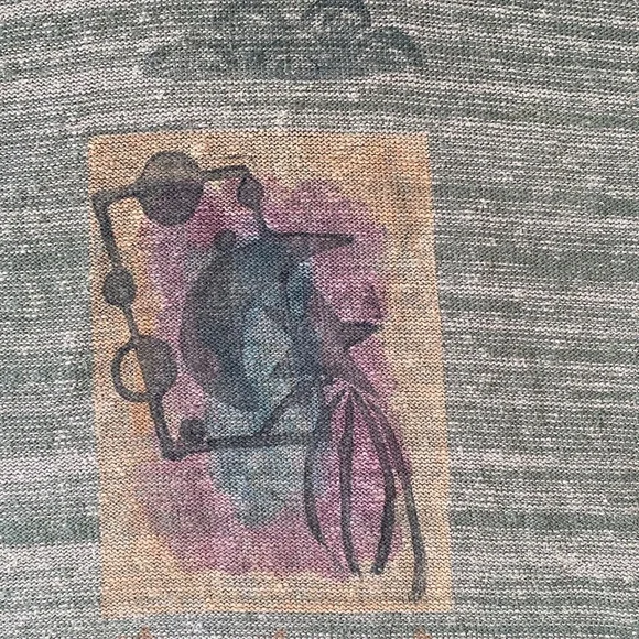 Blue Fish hand painted cotton linen blend green roll neck sweater One Size EUC